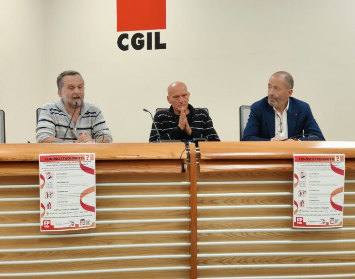 Rassegna Conosci i tuoi diritti? da sx Igor De belli della Fp Cgil Bruno Albertinelli della Federconsumatori e Domenico Falcomatà dello Spi Cgil