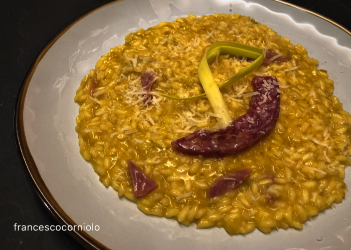 Risotto porri zafferano e salame