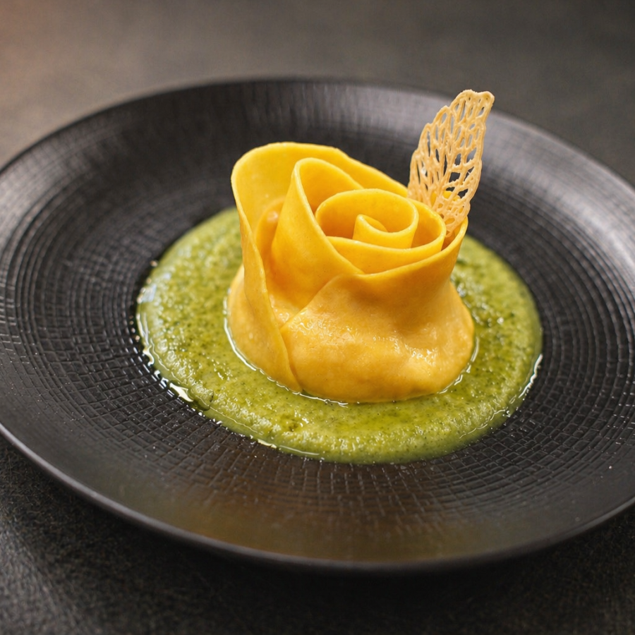 Rosa di pasta fresca con farcia alla valdostana su crema di zucchine