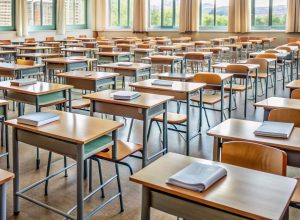 Empty classroom with rows of desks cluttered with notes, books,