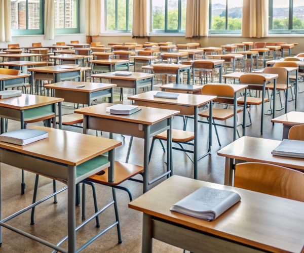 Empty classroom with rows of desks cluttered with notes, books,