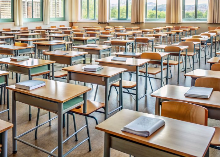 Empty classroom with rows of desks cluttered with notes, books,