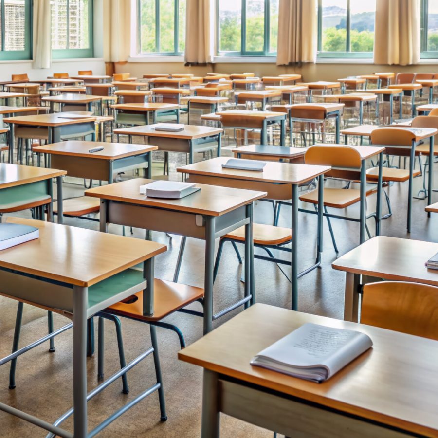 Empty classroom with rows of desks cluttered with notes, books,
