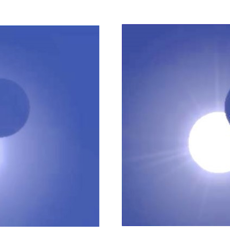Ecco come apparirà il Sole durante la fase massima dell’eclisse parziale del Sole del 29 marzo. Nella prima immagine come verrà vista da una località al centro Italia, nella seconda dall’Osservatorio Astronomico della Regione Autonoma Valle d’Aosta. Elaborazione con software Stellarium