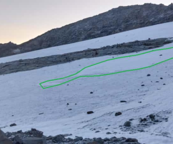 Fronte destra del Ghiacciaio Timorion, in evidenza in verde il residuo dell’accumulo da valanga rilevato in data 11 settembre 2025 - Immagine Arpa Vda