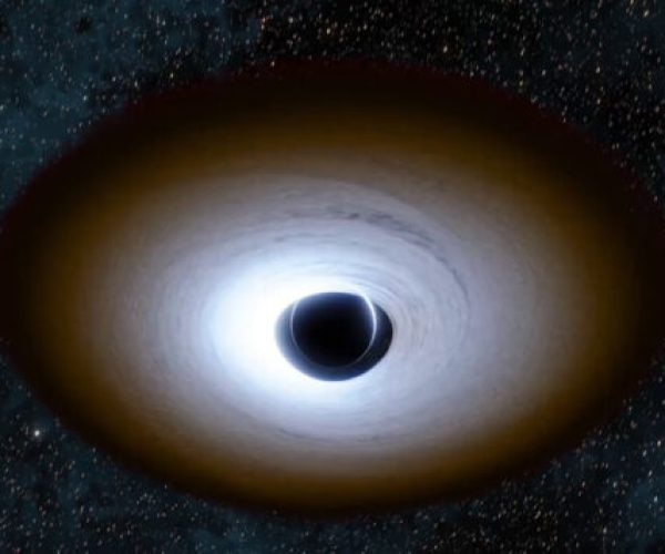 Rappresentazione artistica di un buco nero circondato da materia che gli spiraleggia attorno, formando il disco di accrescimento. Credit: NASA/JPL-Caltech/R. Hurt (IPAC)