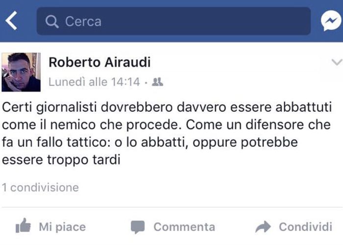 Il post di Roberto Airaudi su Facebook