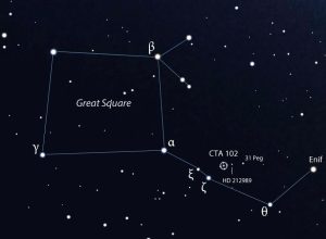 La posizione in cielo del blazer CTA 102, nella Costellazione di Pegaso - Immagine: Bob King per Sky & Telescope/Stellarium