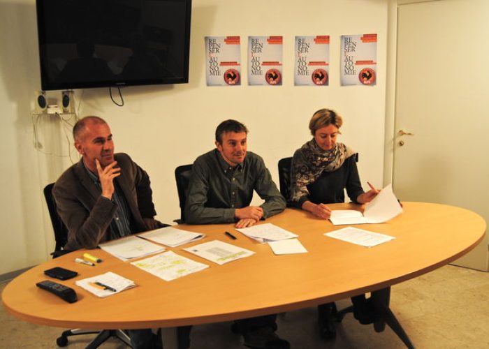 La Conferenza Stampa di Alpe. Da sinistra Albert Chatrian, Alexis Vallet e Giuliana Lamastra