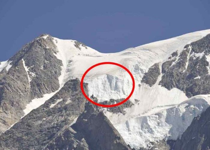 Dettaglio della zona del Ghiacciaio Whymper da cui si potrebbero verificare i crolli