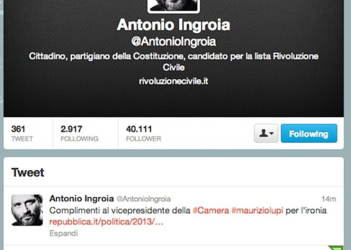 La pagine del profilo Twitter di Antonio Ingroia