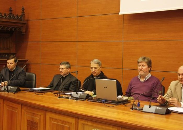 Da sinistra don Bogatu, mons. Lovignana, don Aldo Armellin e il prf. Bonapace