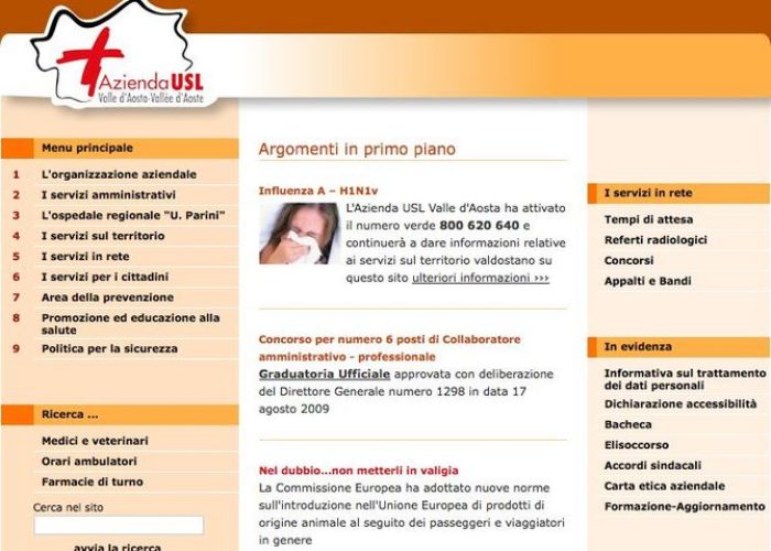 La home page del sito dell'Azienda Usl Valle d'Aosta