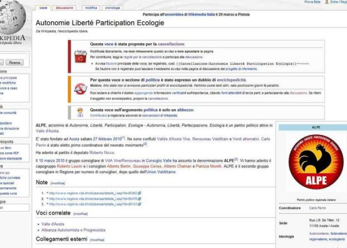 Wikipedia boccia l ALPE non enciclopedica Aostasera